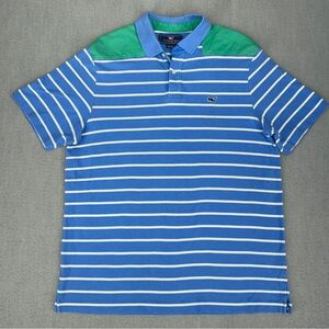 Vineyard Vines Polo Shirt Mens L Blue Stripe Contrast Combat Shoulder Golf Rugby